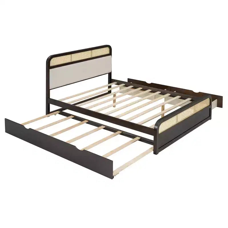 Letto matrimoniale con piattaforma espresso con rotelle e 2 cassetti, dettagli in rattan, 2 posti letto