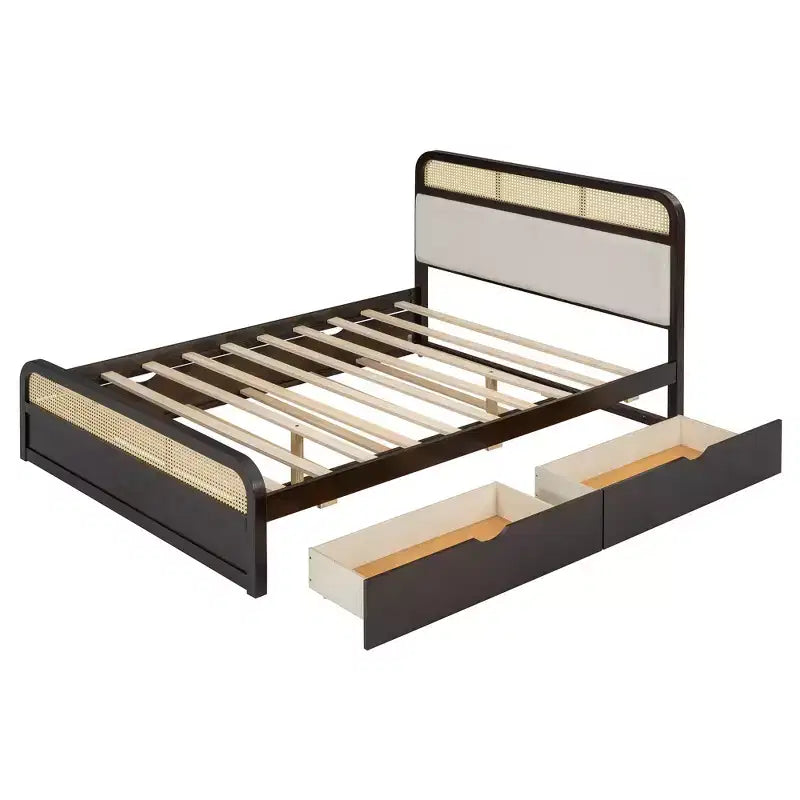 Letto matrimoniale con piattaforma espresso con rotelle e 2 cassetti, dettagli in rattan, 2 posti letto