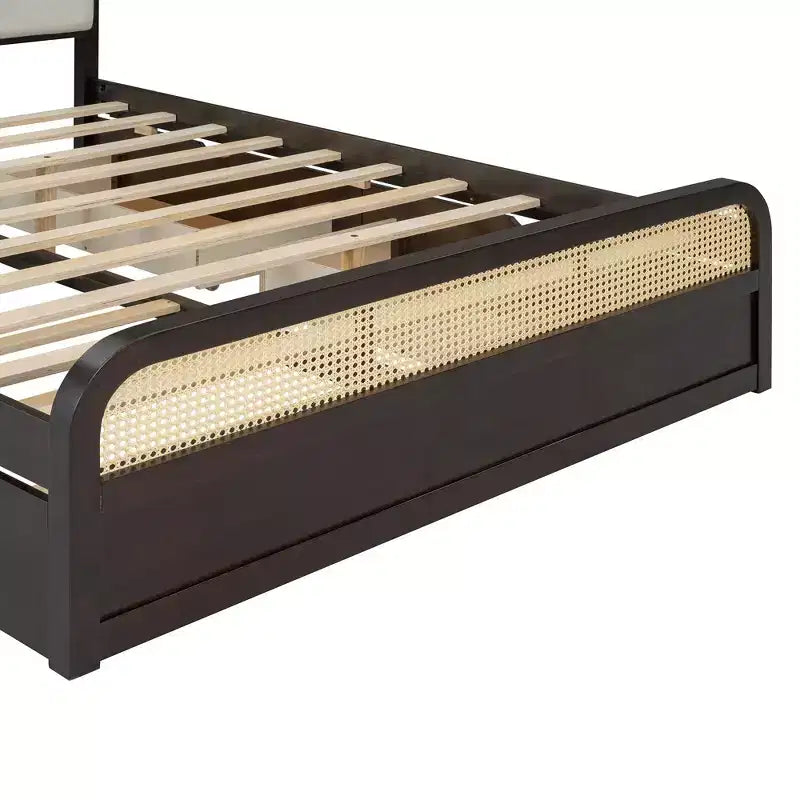 Letto matrimoniale con piattaforma espresso con rotelle e 2 cassetti, dettagli in rattan, 2 posti letto