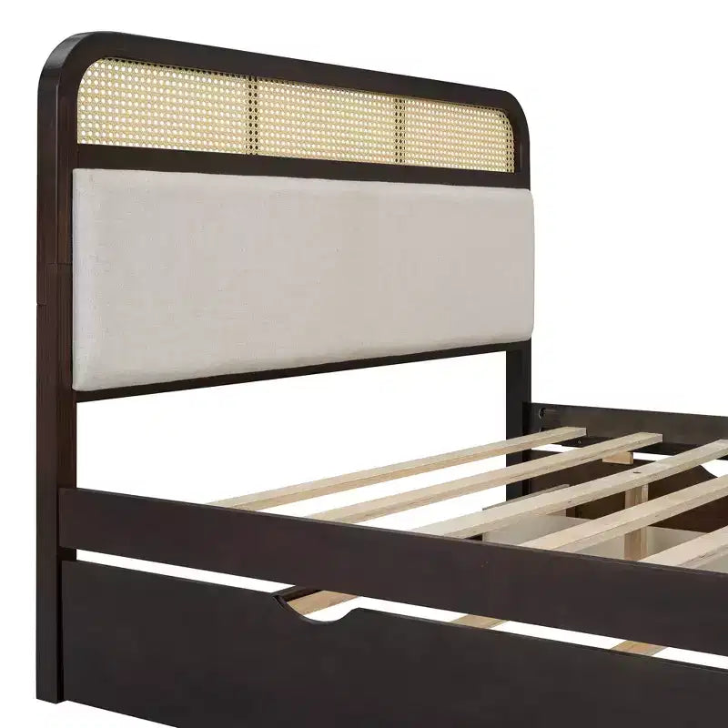 Letto matrimoniale con piattaforma espresso con rotelle e 2 cassetti, dettagli in rattan, 2 posti letto