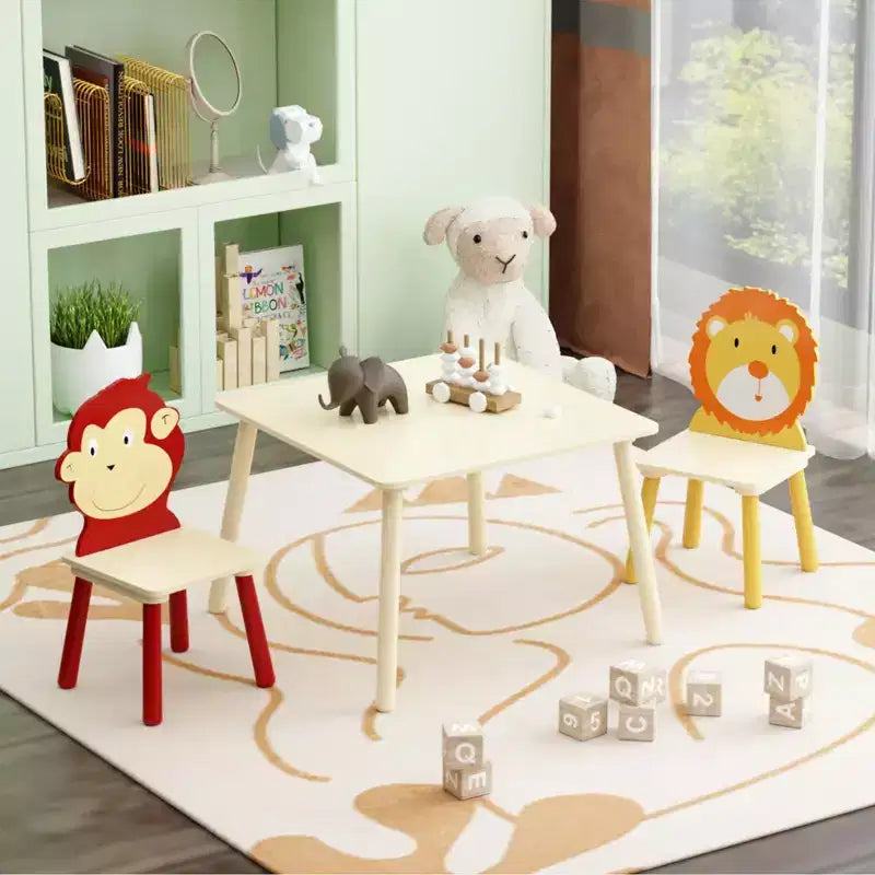 Set Tavolo e 2 Sedie per Bambini in Legno Bianco, 3 pezzi, età 3+
