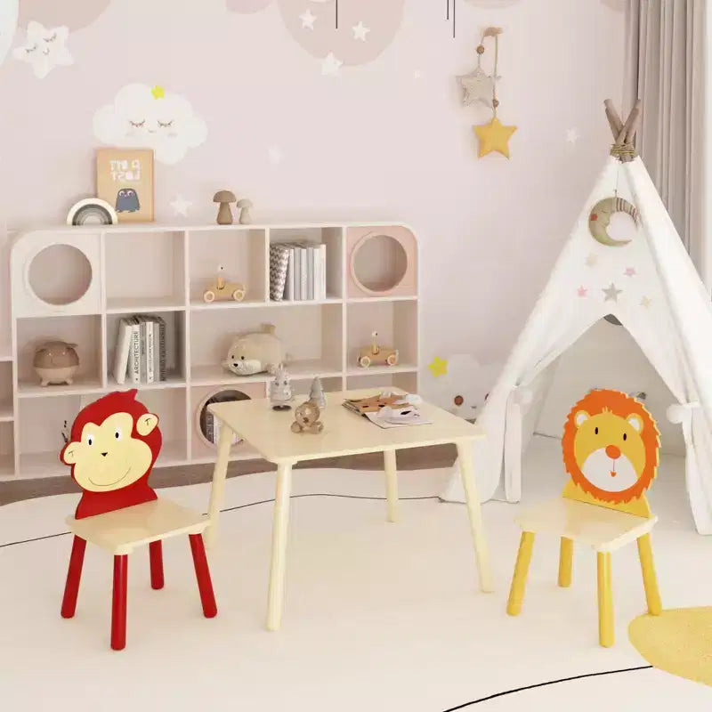 Set Tavolo e 2 Sedie per Bambini in Legno Bianco, 3 pezzi, età 3+