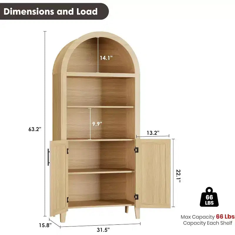 Mobile dispensa ad arco in nero/bianco/legno con ante in rattan, 5 ripiani, per 1 persona