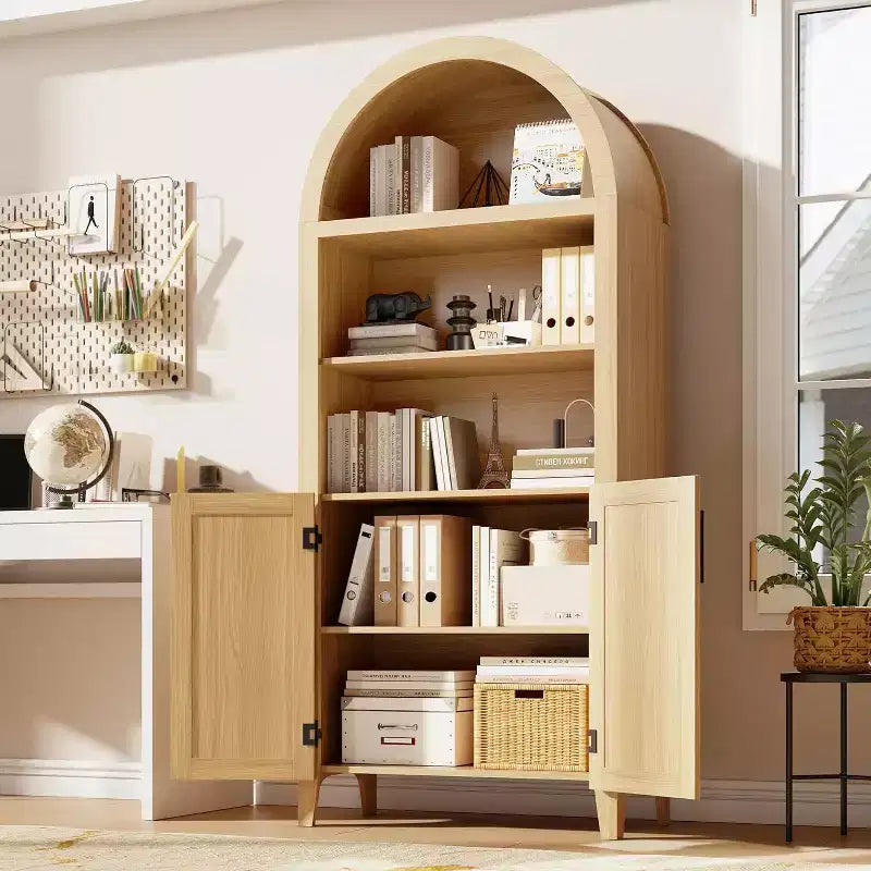 Mobile dispensa ad arco in nero/bianco/legno con ante in rattan, 5 ripiani, per 1 persona
