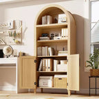 Mobile dispensa ad arco in nero/bianco/legno con ante in rattan, 5 ripiani, per 1 persona