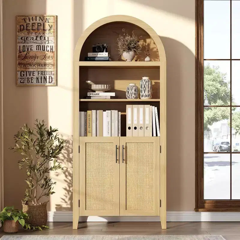 Mobile dispensa ad arco in nero/bianco/legno con ante in rattan, 5 ripiani, per 1 persona