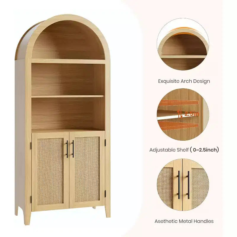 Mobile dispensa ad arco in nero/bianco/legno con ante in rattan, 5 ripiani, per 1 persona