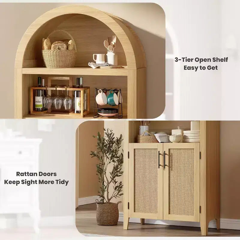 Mobile dispensa ad arco in nero/bianco/legno con ante in rattan, 5 ripiani, per 1 persona