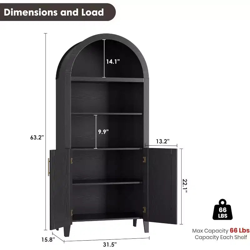 Mobile dispensa ad arco in nero/bianco/legno con ante in rattan, 5 ripiani, per 1 persona