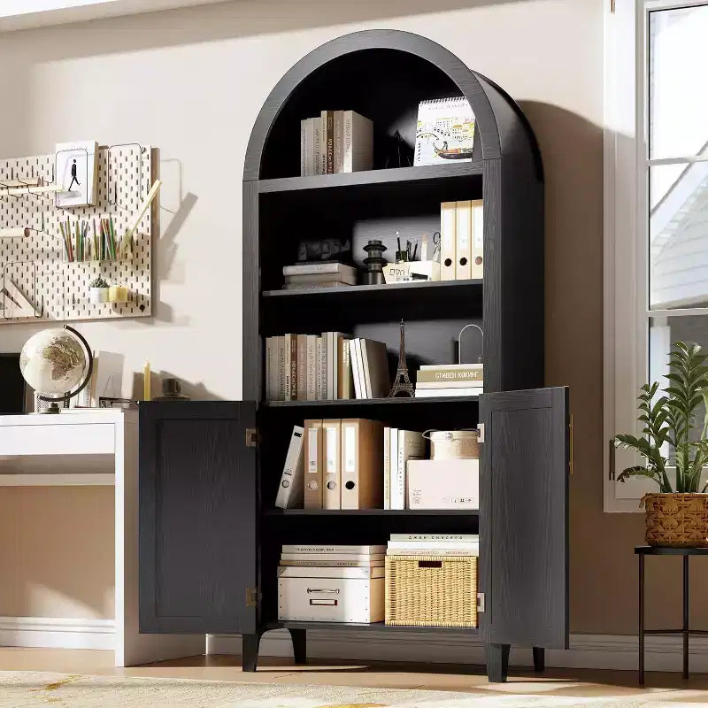 Mobile dispensa ad arco in nero/bianco/legno con ante in rattan, 5 ripiani, per 1 persona