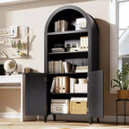 Mobile dispensa ad arco in nero/bianco/legno con ante in rattan, 5 ripiani, per 1 persona
