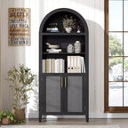 Mobile dispensa ad arco in nero/bianco/legno con ante in rattan, 5 ripiani, per 1 persona