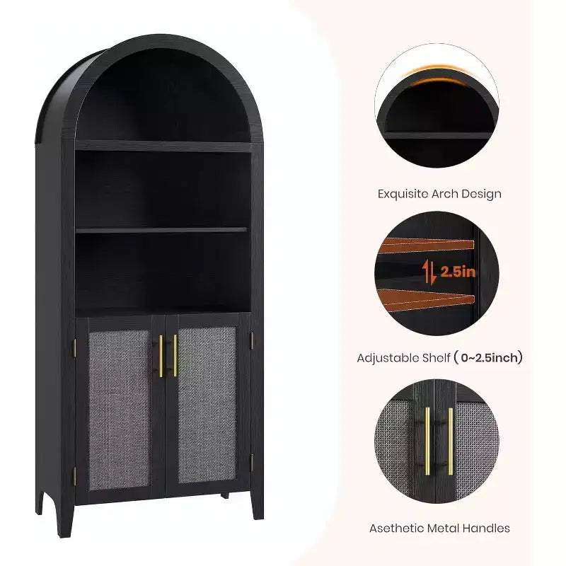 Mobile dispensa ad arco in nero/bianco/legno con ante in rattan, 5 ripiani, per 1 persona