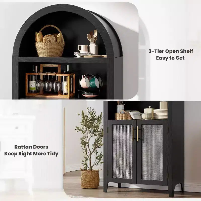 Mobile dispensa ad arco in nero/bianco/legno con ante in rattan, 5 ripiani, per 1 persona