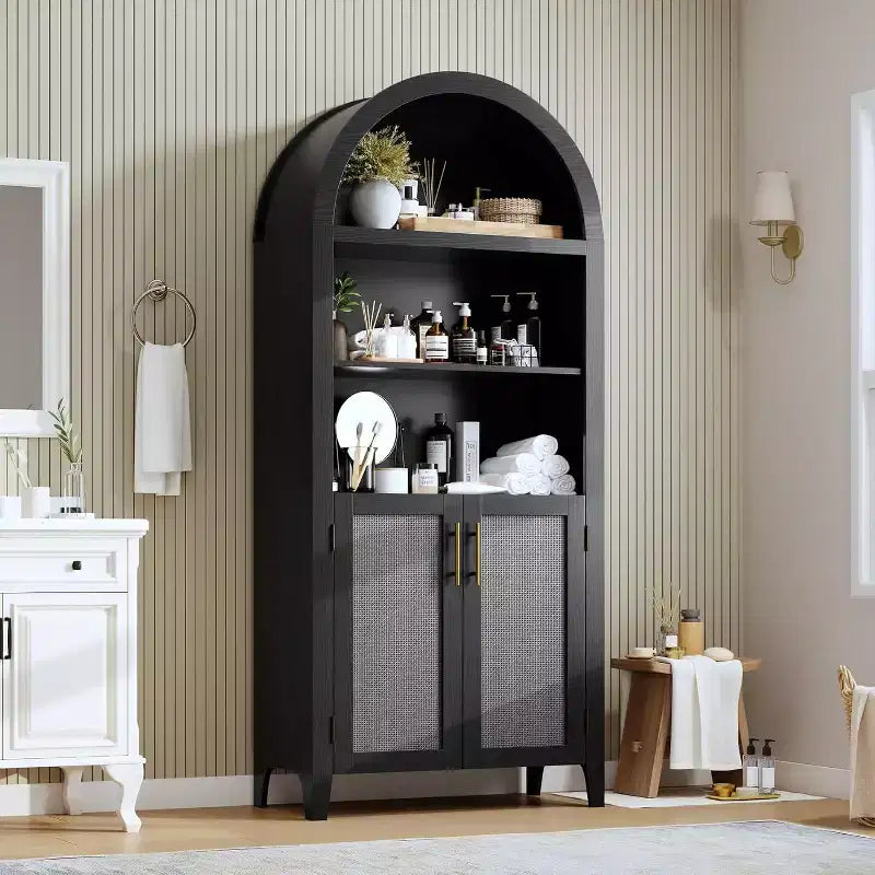 Mobile dispensa ad arco in nero/bianco/legno con ante in rattan, 5 ripiani, per 1 persona