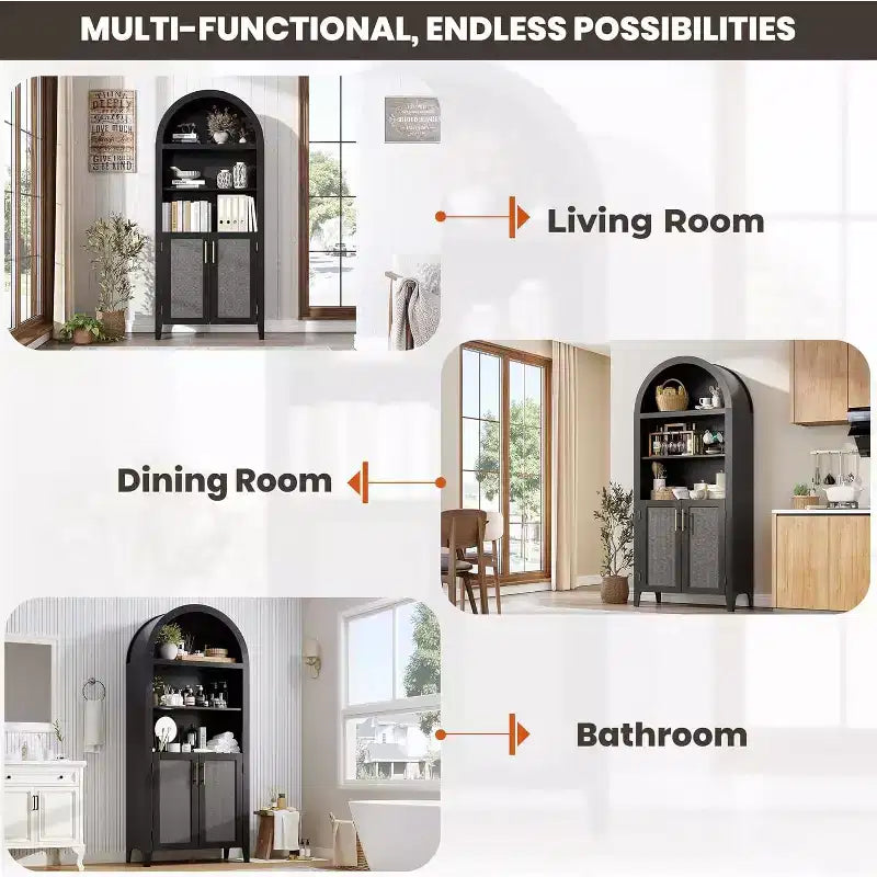 Mobile dispensa ad arco in nero/bianco/legno con ante in rattan, 5 ripiani, per 1 persona