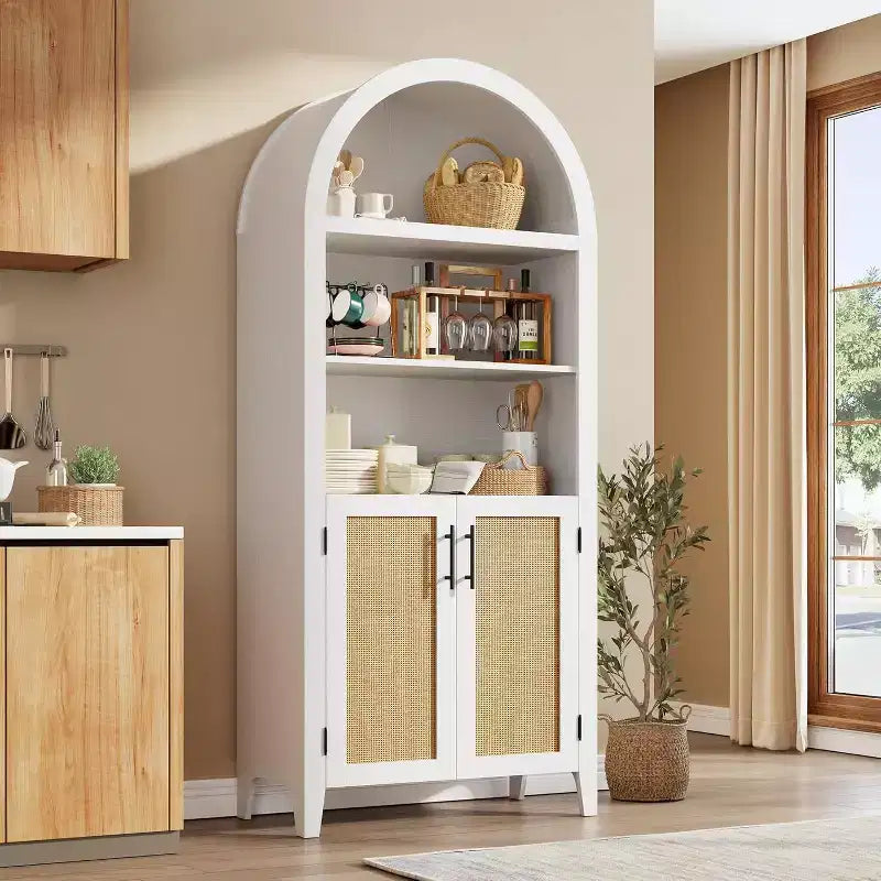 Mobile dispensa ad arco in nero/bianco/legno con ante in rattan, 5 ripiani, per 1 persona
