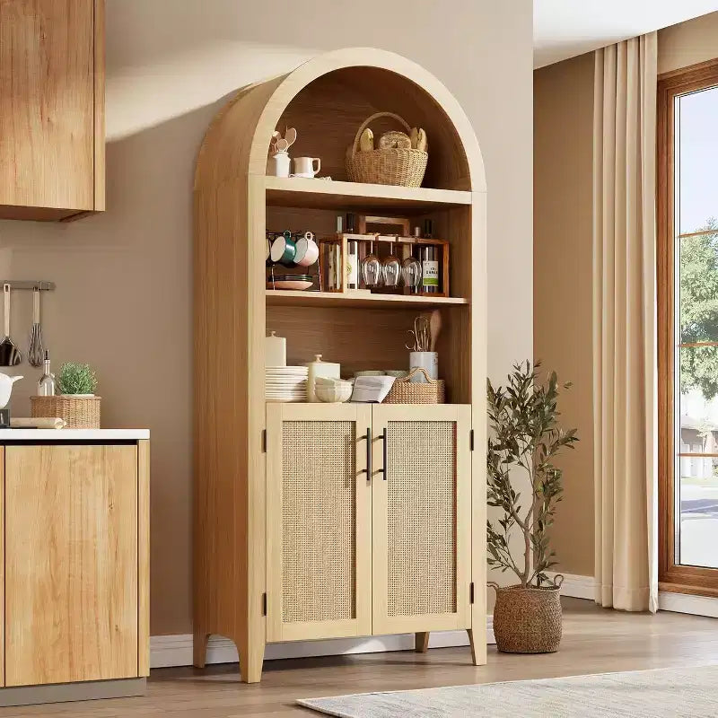 Mobile dispensa ad arco in nero/bianco/legno con ante in rattan, 5 ripiani, per 1 persona