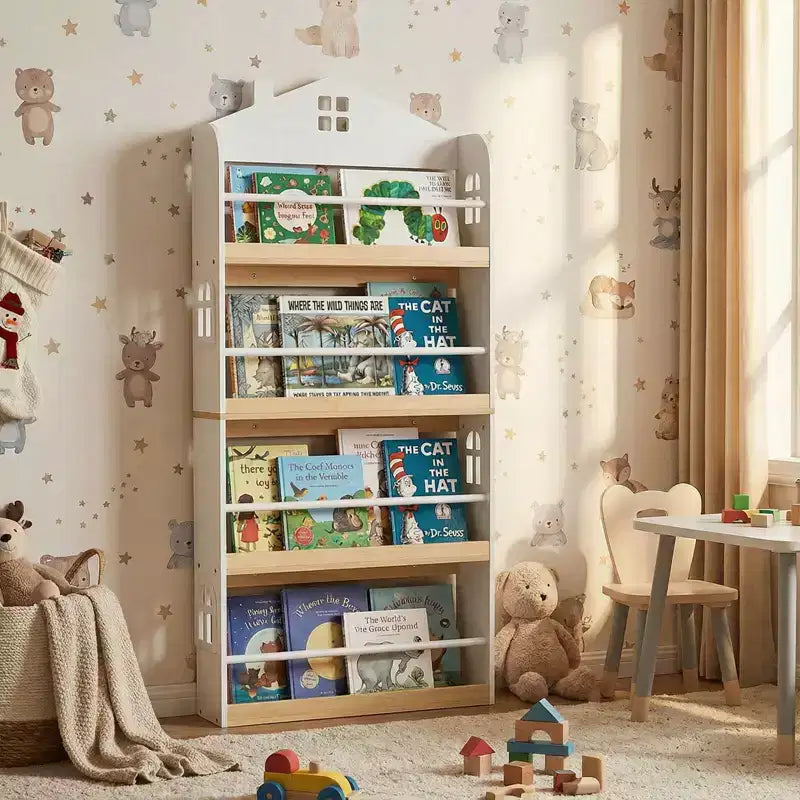 Libreria per bambini a 4 ripiani a forma di casetta, colore bianco e naturale, dai 3 anni in su