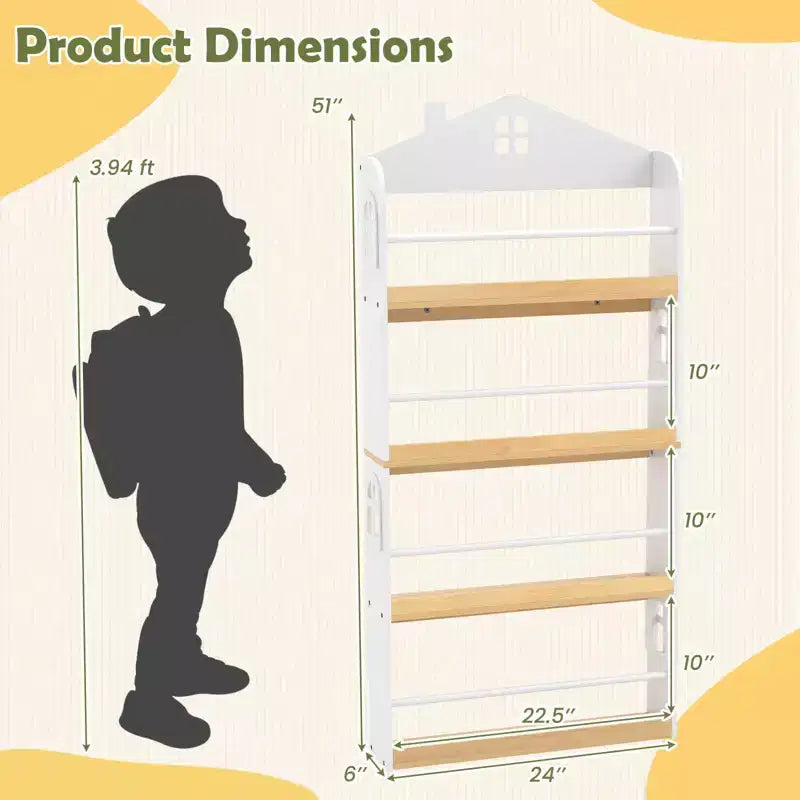 Libreria per bambini a 4 ripiani a forma di casetta, colore bianco e naturale, dai 3 anni in su