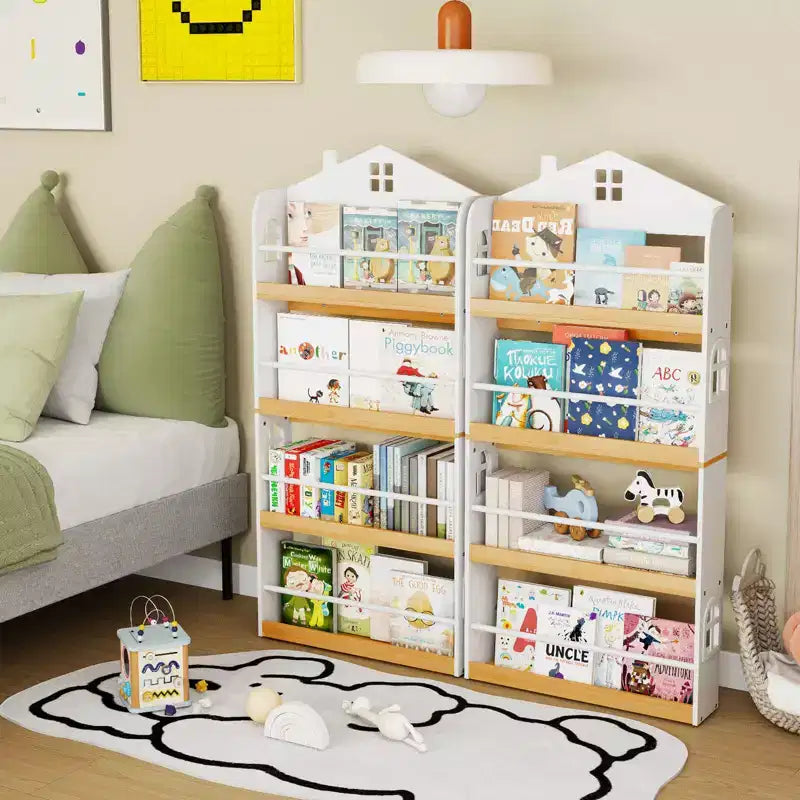 Libreria per bambini a 4 ripiani a forma di casetta, colore bianco e naturale, dai 3 anni in su