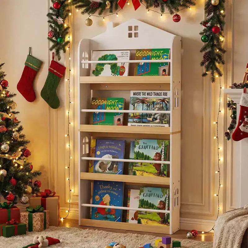 Libreria per bambini a 4 ripiani a forma di casetta, colore bianco e naturale, dai 3 anni in su