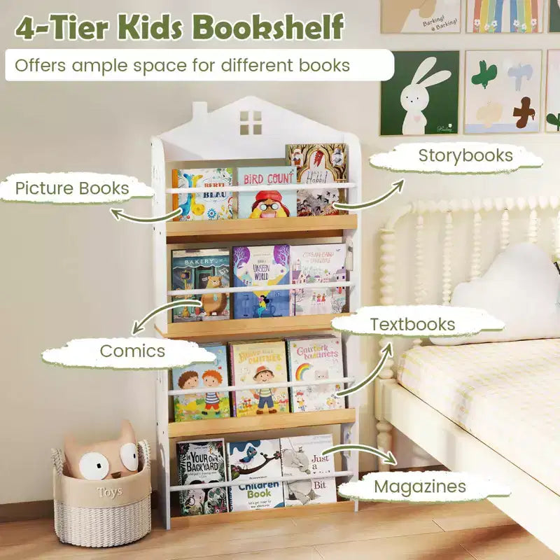 Libreria per bambini a 4 ripiani a forma di casetta, colore bianco e naturale, dai 3 anni in su