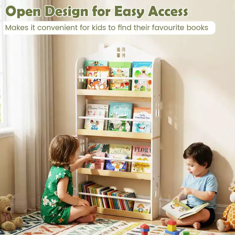Libreria per bambini a 4 ripiani a forma di casetta, colore bianco e naturale, dai 3 anni in su