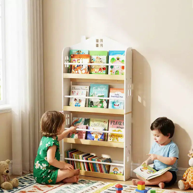 Libreria per bambini a 4 ripiani a forma di casetta, colore bianco e naturale, dai 3 anni in su