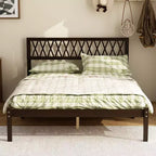 Famapy Solid Wood Bed Frame with Upholstered Headboard Rolling Drawers Soft Cushion Bed Modern Bedroom Platform Bed 600LBS Capacity