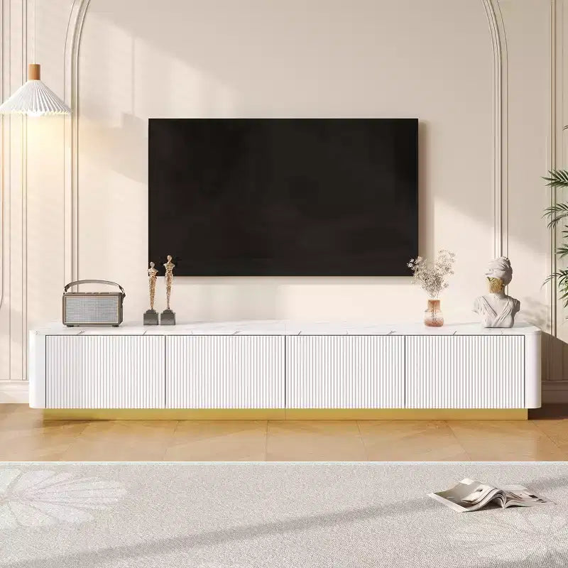JVNOXK Luxury Fluted TV Stand for TVs Up to 85, Faux Marble Tabletop Media Console with 4 Drawers, Curved Profile Design, White