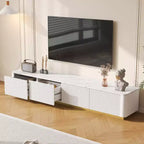 Mobile TV scanalato bianco con ripiano effetto marmo, 4 cassetti, adatto per TV fino a 85"
