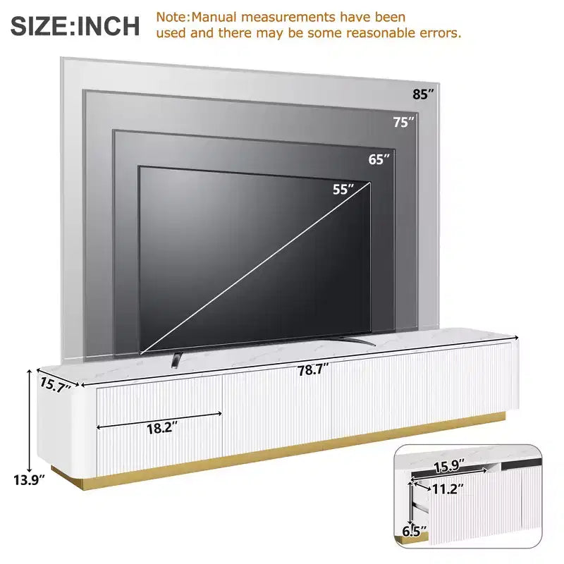 Mobile TV scanalato bianco con ripiano effetto marmo, 4 cassetti, adatto per TV fino a 85"