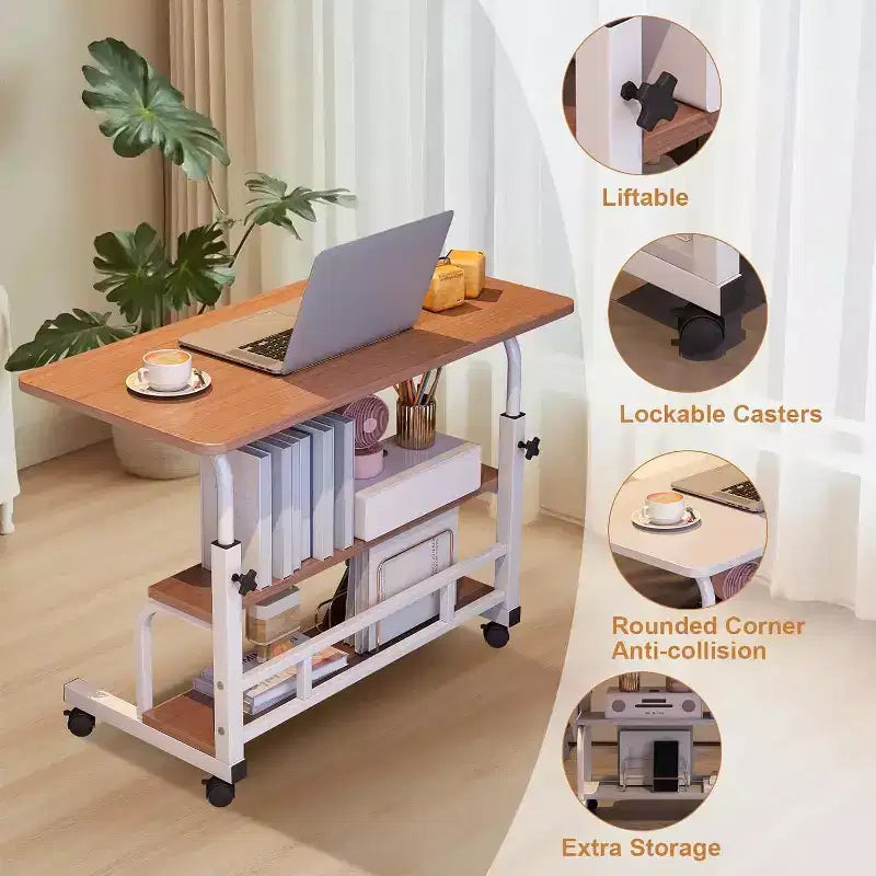 Scrivania regolabile con rotelle, singola, colore bianco/noce, 60×40 cm e 80×40 cm