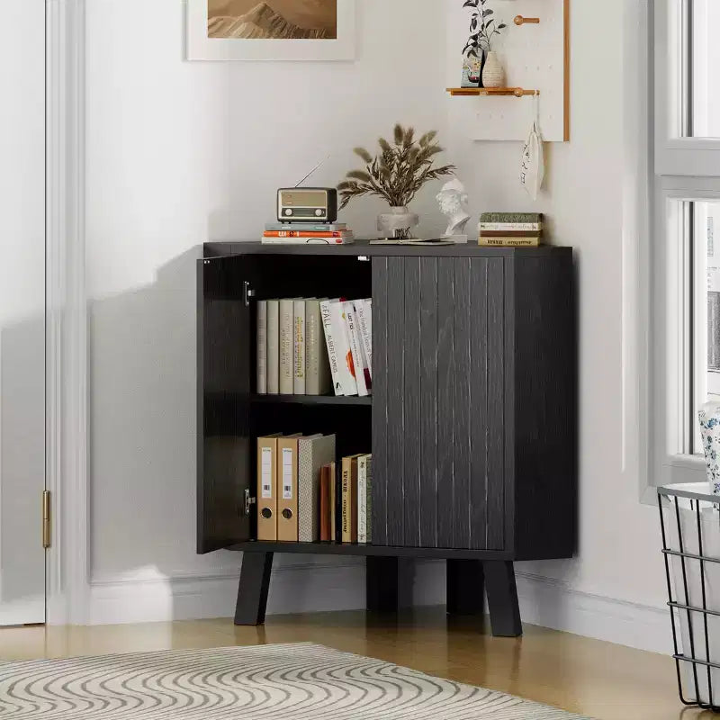 Mobiletto ad angolo 80 cm nero/marrone - 3 ripiani regolabili, autoportante, montaggio da 1 persona