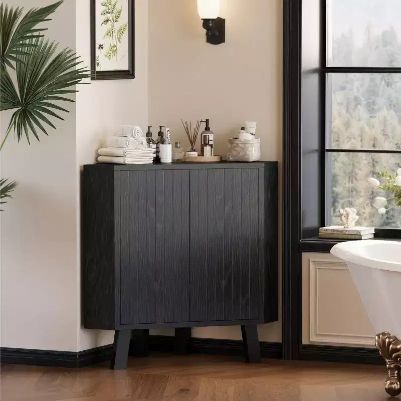 Mobiletto ad angolo 80 cm nero/marrone - 3 ripiani regolabili, autoportante, montaggio da 1 persona