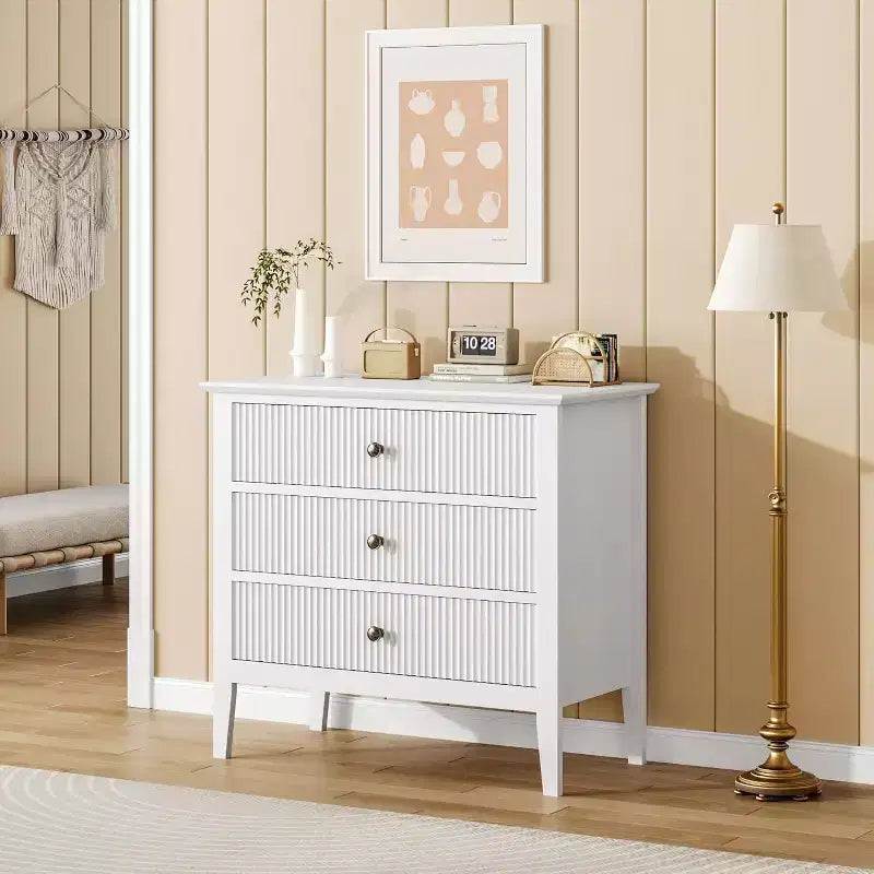 COZONY 3 Drawer Dresser Set of 2, Fluted Wood Chest Golden Handle Modern for Bedroom Living Room Hallway Entryway