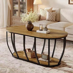 Lantine 47.2-Inch Oval Coffee Table with 2-Tier Storage, Industrial Wooden Cocktail Table for Living Room, Home Office, Rustic Brown