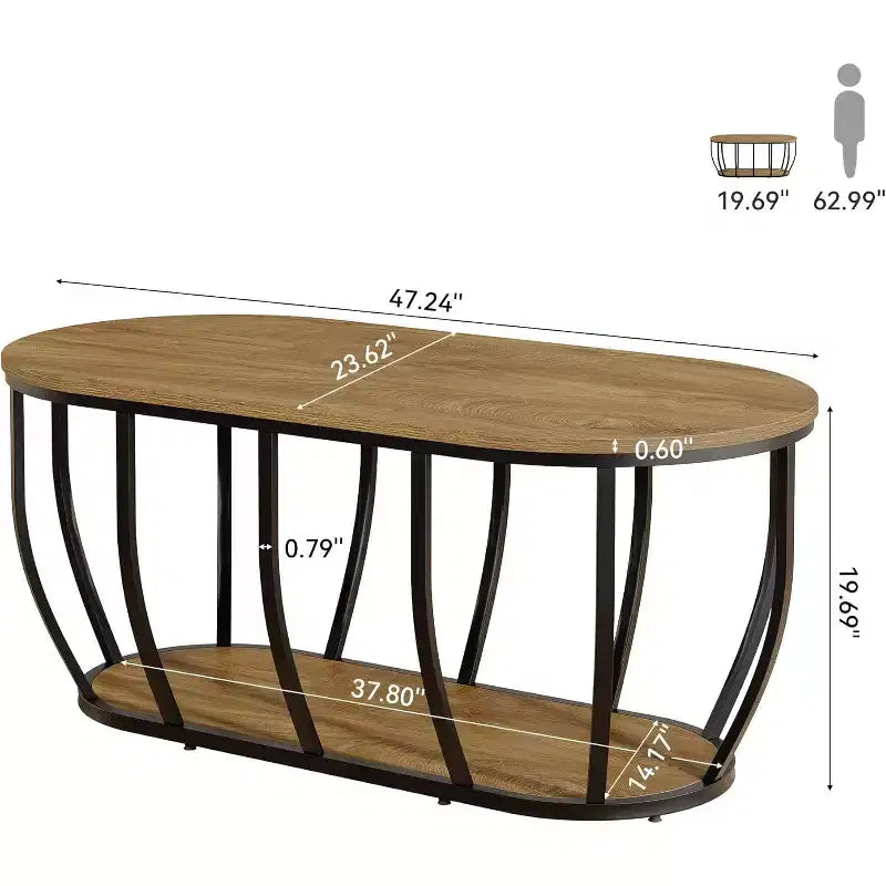 Tavolino da caffè ovale a 2 ripiani in marrone rustico, 120 cm, per soggiorno/ufficio domestico