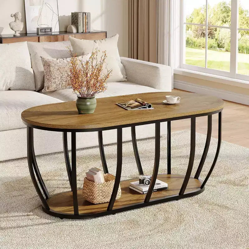 Tavolino da caffè ovale a 2 ripiani in marrone rustico, 120 cm, per soggiorno/ufficio domestico