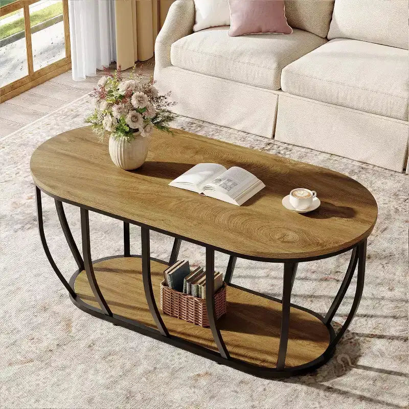 Tavolino da caffè ovale a 2 ripiani in marrone rustico, 120 cm, per soggiorno/ufficio domestico