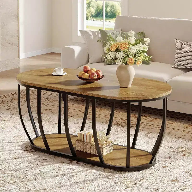 Tavolino da caffè ovale a 2 ripiani in marrone rustico, 120 cm, per soggiorno/ufficio domestico