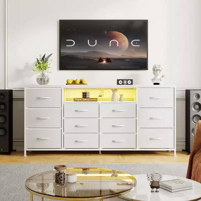 Cassettiera in tessuto marrone/bianco a 12 cassetti e porta TV, adatta per TV da 65-75", assemblaggio da 1 persona