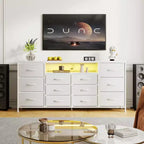 Cassettiera in tessuto marrone/bianco a 12 cassetti e porta TV, adatta per TV da 65-75", assemblaggio da 1 persona