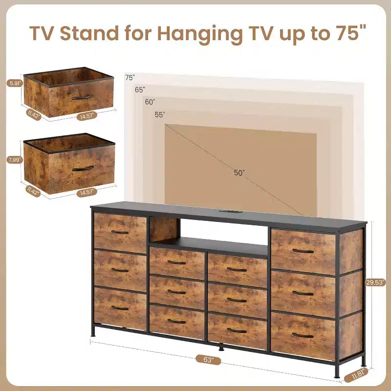 Cassettiera in tessuto marrone/bianco a 12 cassetti e porta TV, adatta per TV da 65-75", assemblaggio da 1 persona