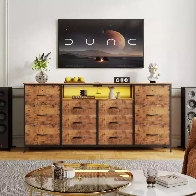 Cassettiera in tessuto marrone/bianco a 12 cassetti e porta TV, adatta per TV da 65-75", assemblaggio da 1 persona
