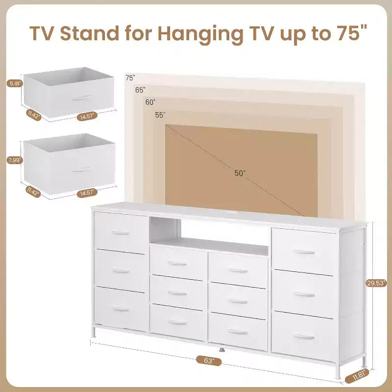 Cassettiera in tessuto marrone/bianco a 12 cassetti e porta TV, adatta per TV da 65-75", assemblaggio da 1 persona