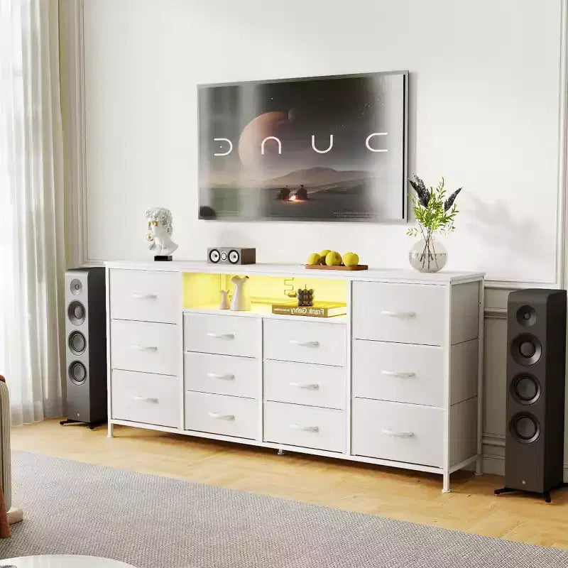 Cassettiera in tessuto marrone/bianco a 12 cassetti e porta TV, adatta per TV da 65-75", assemblaggio da 1 persona