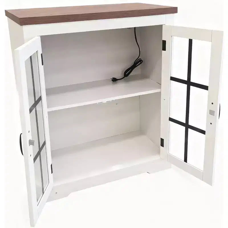 Mobile buffet nero/marrone con ante in vetro e presa di corrente integrata, a 2 ante, grande/piccolo