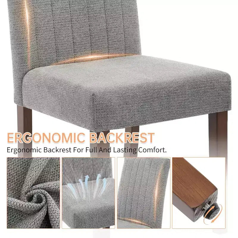 Un set di quattro sedie da pranzo con morbidi cuscini, decorate con bottoni, dotate di gambe in legno e sedute morbide, adatte per sale da pranzo cucine grigie